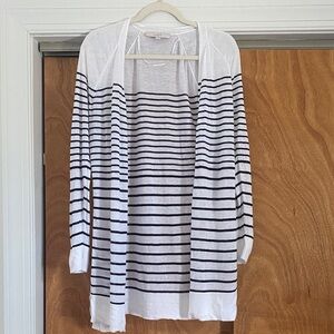 LOFT Black White Striped Open Front Cardigan Lightweight Ramie Blend Size S